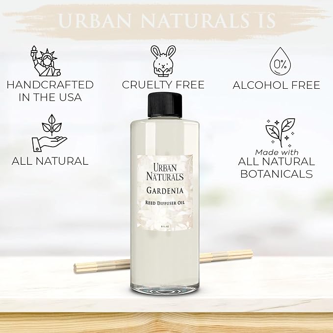 Reed Diffuser Oil Refill Gardenia with Jasmine, Ylang Ylang, Tuberose, Amber 8 oz + Free Reed Sticks, Made in The USA