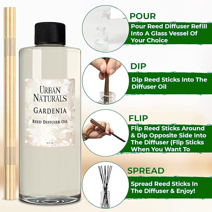 Reed Diffuser Oil Refill Gardenia with Jasmine, Ylang Ylang, Tuberose, Amber 8 oz + Free Reed Sticks, Made in The USA