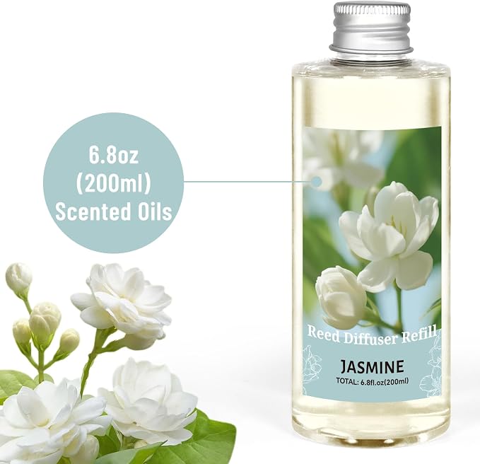 Reed Diffuser Oil Refill, Jasmine Fragrance Oil for Diffuser Refill 200ml, Long-Lasting for Home, Living Room, Bedroom, Spa