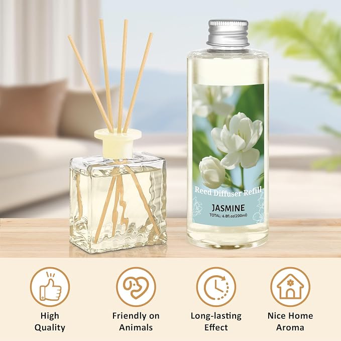 Reed Diffuser Oil Refill, Jasmine Fragrance Oil for Diffuser Refill 200ml, Long-Lasting for Home, Living Room, Bedroom, Spa