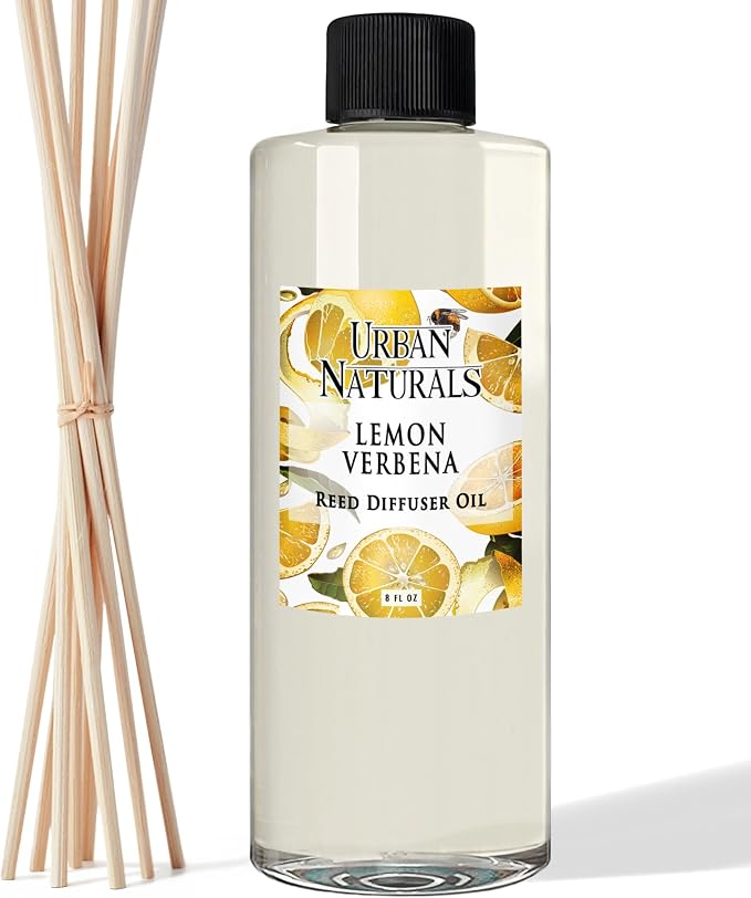 Reed Diffuser Oil Refill Lemon Verbena with Lemon Zest, Bergamot, Vetiver, Cedarwood 8 oz + Free Reed Sticks, Made in The