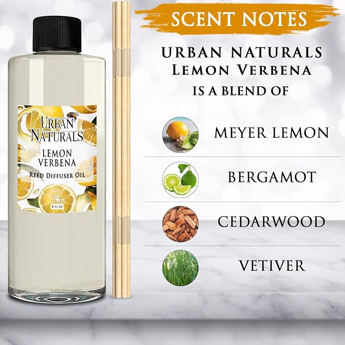 Reed Diffuser Oil Refill Lemon Verbena with Lemon Zest, Bergamot, Vetiver, Cedarwood 8 oz + Free Reed Sticks, Made in The