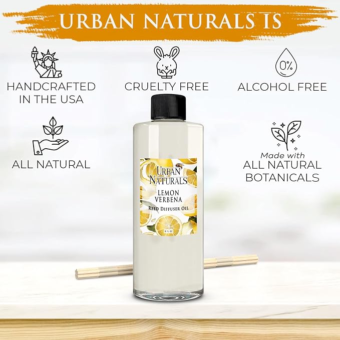 Reed Diffuser Oil Refill Lemon Verbena with Lemon Zest, Bergamot, Vetiver, Cedarwood 8 oz + Free Reed Sticks, Made in The