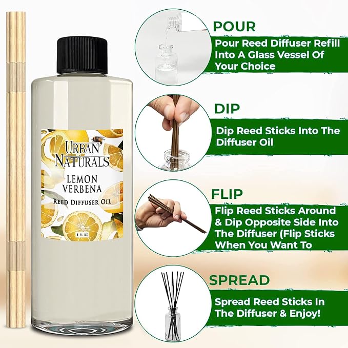 Reed Diffuser Oil Refill Lemon Verbena with Lemon Zest, Bergamot, Vetiver, Cedarwood 8 oz + Free Reed Sticks, Made in The