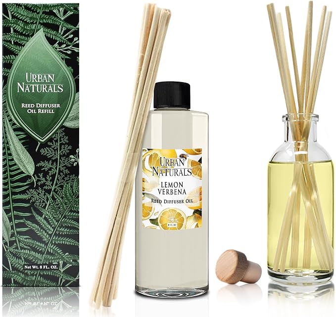 Reed Diffuser Oil Refill Lemon Verbena with Lemon Zest, Bergamot, Vetiver, Cedarwood 8 oz + Free Reed Sticks, Made in The
