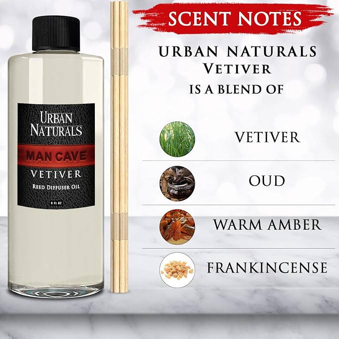 Reed Diffuser Oil Refill Man Cave Vetiver with Oud, Amber, Frankincense 8 oz + Free Reed Sticks, Made in The USA, alternate