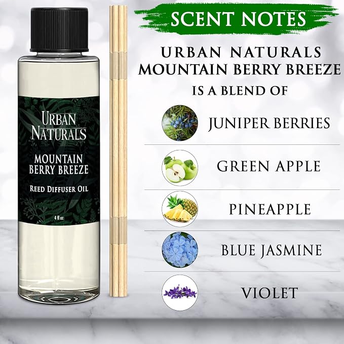 Reed Diffuser Oil Refill, Mountain Berry Breeze Diffuser Oils with Juniper, Jasmine, Apple, 4 oz + Free Reed Sticks