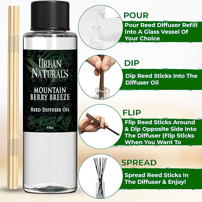 Reed Diffuser Oil Refill, Mountain Berry Breeze Diffuser Oils with Juniper, Jasmine, Apple, 4 oz + Free Reed Sticks