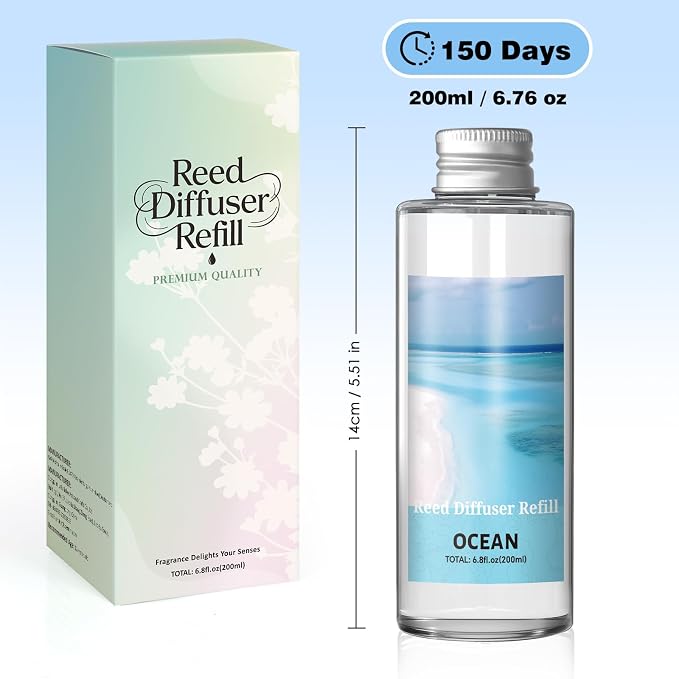 Reed Diffuser Oil Refill, Ocean Diffuser Oil 6.76 Fl Oz, Natural Scented Essential Oil Refill Long Lasting Home Fragrance