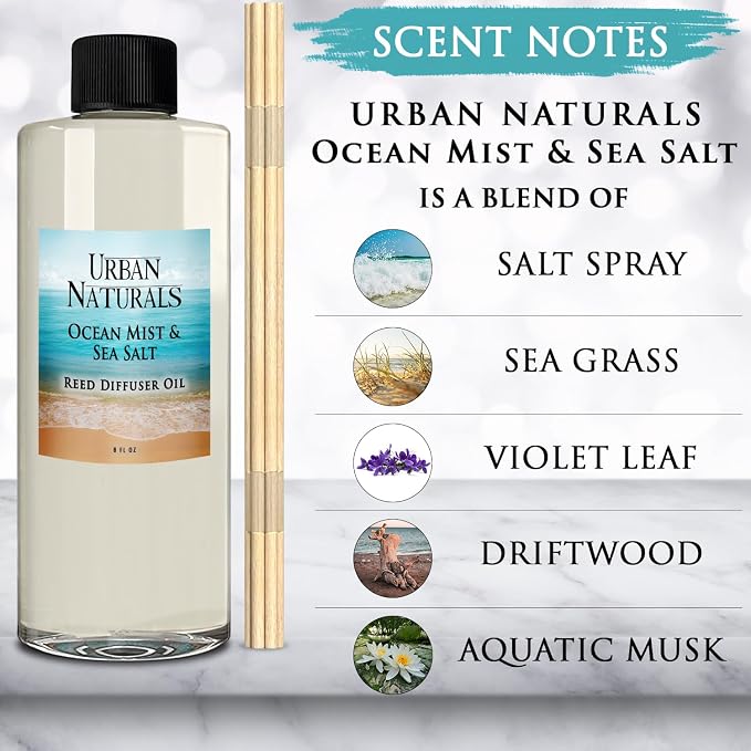Reed Diffuser Oil Refill Ocean Mist Sea Salt with Salt Spray, Violet Leaf, Sea Grass, Driftwood 8 oz + Free Reed Sticks