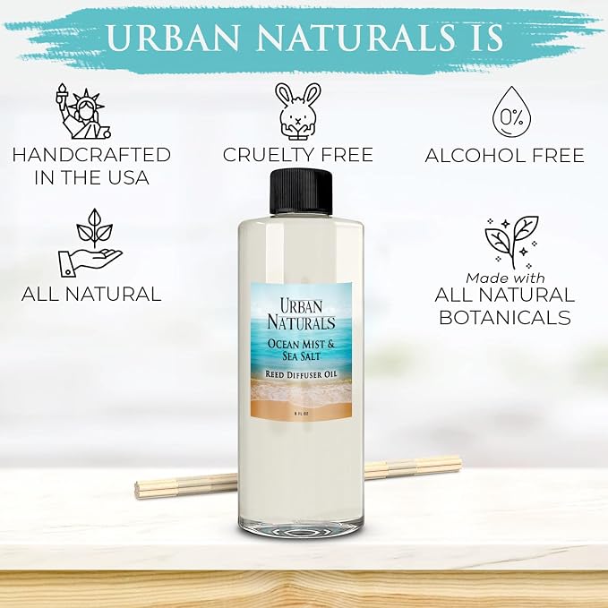 Reed Diffuser Oil Refill Ocean Mist Sea Salt with Salt Spray, Violet Leaf, Sea Grass, Driftwood 8 oz + Free Reed Sticks