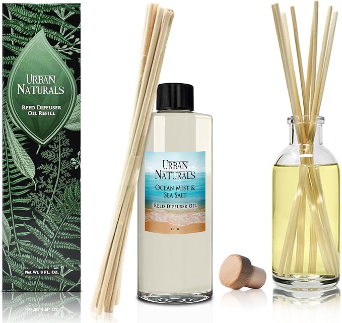 Reed Diffuser Oil Refill Ocean Mist Sea Salt with Salt Spray, Violet Leaf, Sea Grass, Driftwood 8 oz + Free Reed Sticks