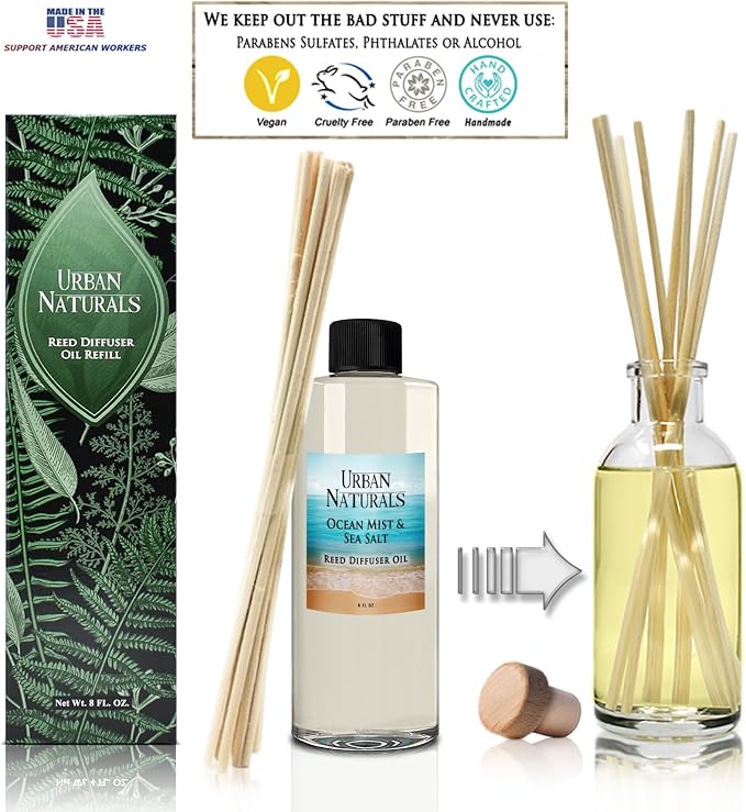 Reed Diffuser Oil Refill Ocean Mist Sea Salt with Salt Spray, Violet Leaf, Sea Grass, Driftwood 8 oz + Free Reed Sticks