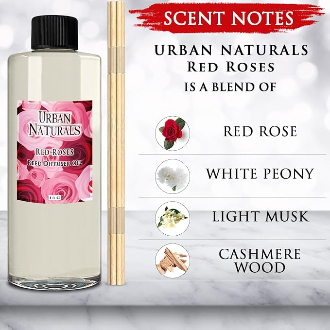 Reed Diffuser Oil Refill Red Roses with White Peony, Cashmere Wood 8 oz + Free Reed Sticks, Made in The USA, alternate