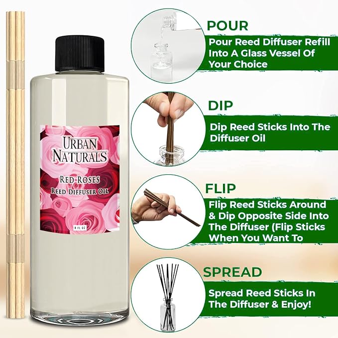 Reed Diffuser Oil Refill Red Roses with White Peony, Cashmere Wood 8 oz + Free Reed Sticks, Made in The USA, alternate