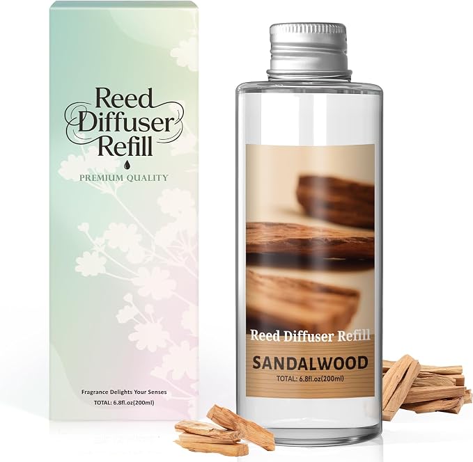 Reed Diffuser Oil Refill, Sandalwood Diffuser Oil 6.76 Fl Oz, Natural Scented Essential Oil Refill Long Lasting Home
