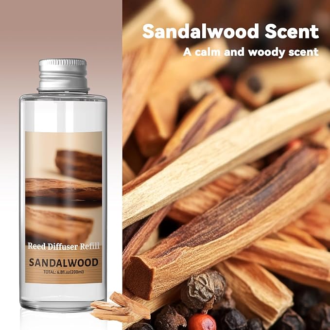Reed Diffuser Oil Refill, Sandalwood Diffuser Oil 6.76 Fl Oz, Natural Scented Essential Oil Refill Long Lasting Home