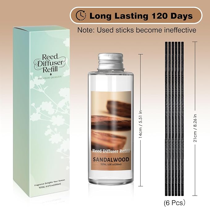Reed Diffuser Oil Refill, Sandalwood Diffuser Oil 6.76 Fl Oz, Natural Scented Essential Oil Refill Long Lasting Home