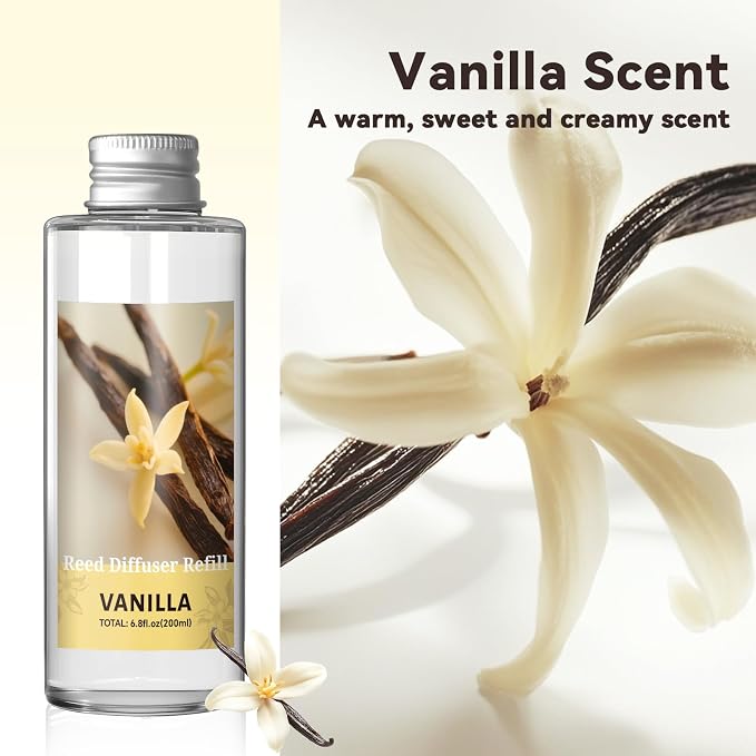 Reed Diffuser Oil Refill, Vanilla Diffuser Oil 6.76 Fl Oz, Natural Scented Essential Oil Refill Long Lasting Home Fragrance