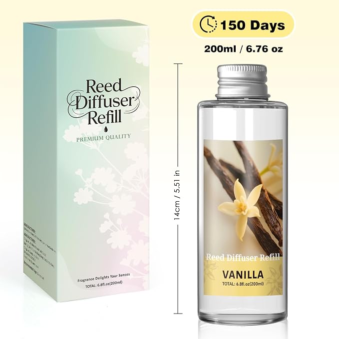 Reed Diffuser Oil Refill, Vanilla Diffuser Oil 6.76 Fl Oz, Natural Scented Essential Oil Refill Long Lasting Home Fragrance