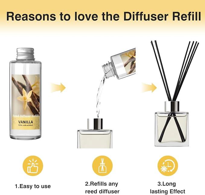 Reed Diffuser Oil Refill, Vanilla Diffuser Oil 6.76 Fl Oz, Natural Scented Essential Oil Refill Long Lasting Home Fragrance