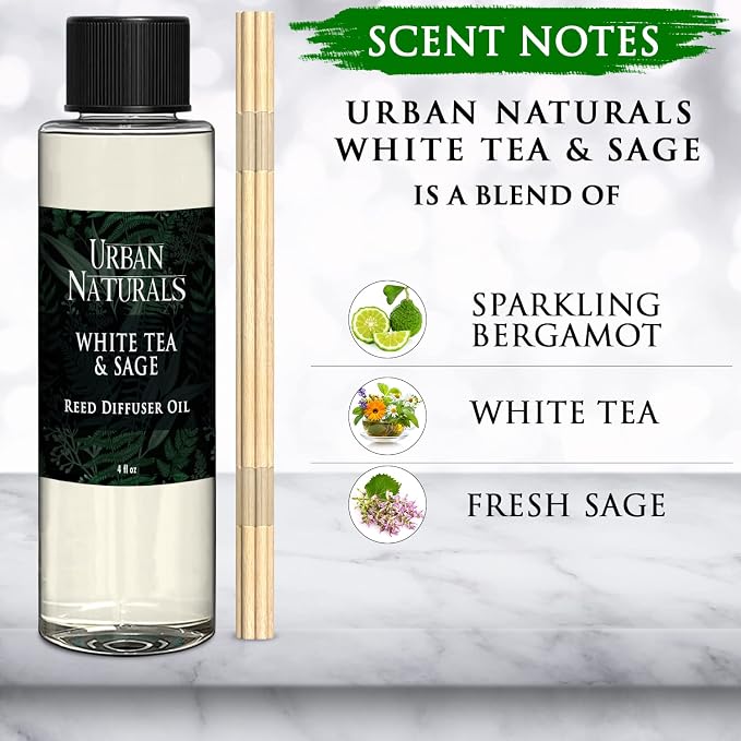 Reed Diffuser Oil Refill White Tea & Sage, Sparkling Bergamot, Fresh Sage, 4 oz + Free Reed Sticks, Made in The USA