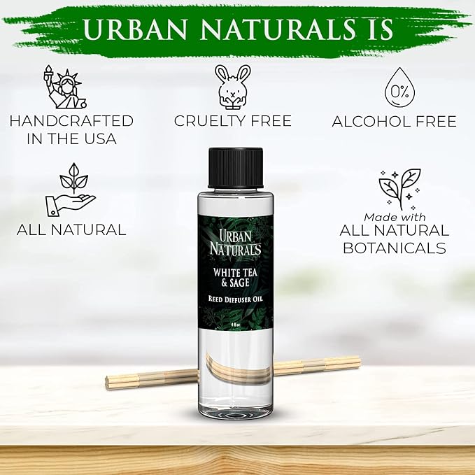 Reed Diffuser Oil Refill White Tea & Sage, Sparkling Bergamot, Fresh Sage, 4 oz + Free Reed Sticks, Made in The USA