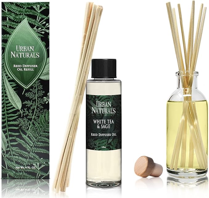 Reed Diffuser Oil Refill White Tea & Sage, Sparkling Bergamot, Fresh Sage, 4 oz + Free Reed Sticks, Made in The USA
