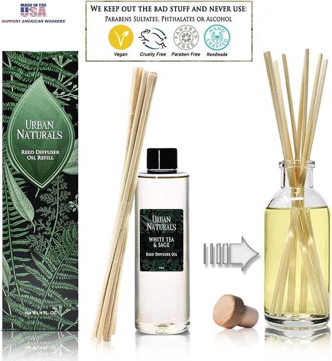 Reed Diffuser Oil Refill White Tea & Sage, Sparkling Bergamot, Fresh Sage, 4 oz + Free Reed Sticks, Made in The USA
