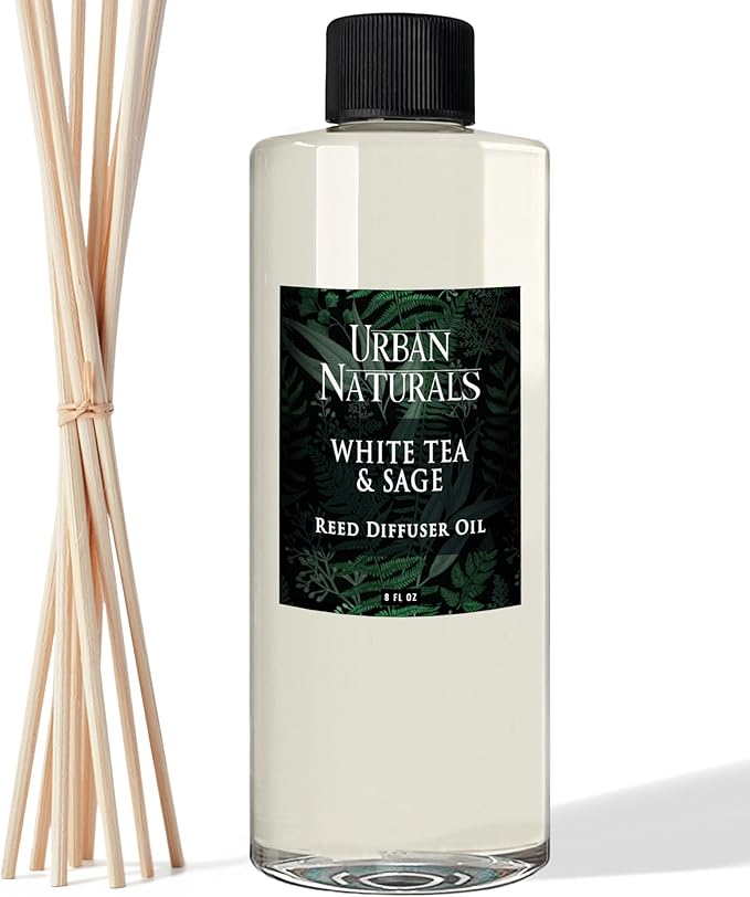 Reed Diffuser Oil Refill White Tea Sage with Bergamot, Soft Herbal Notes 8 oz + Free Reed Sticks, Made in The USA, product