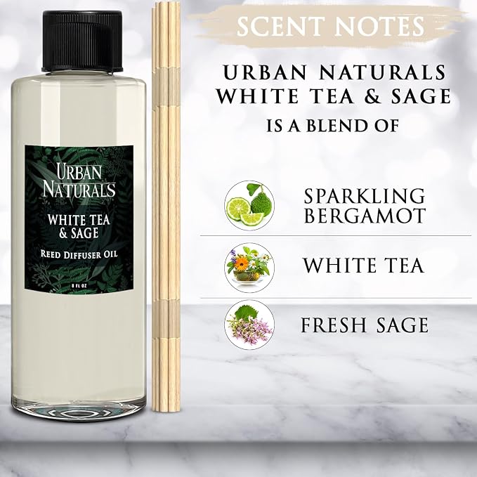 Reed Diffuser Oil Refill White Tea Sage with Bergamot, Soft Herbal Notes 8 oz + Free Reed Sticks, Made in The USA, alternate