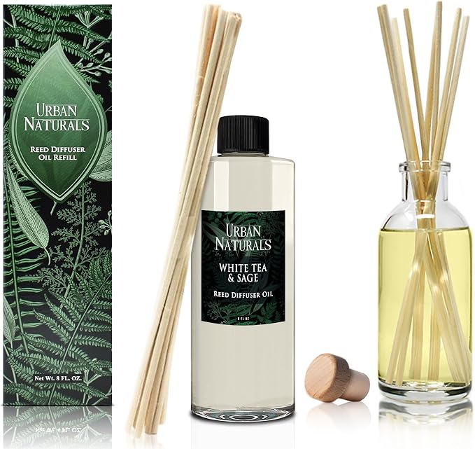 Reed Diffuser Oil Refill White Tea Sage with Bergamot, Soft Herbal Notes 8 oz + Free Reed Sticks, Made in The USA, alternate