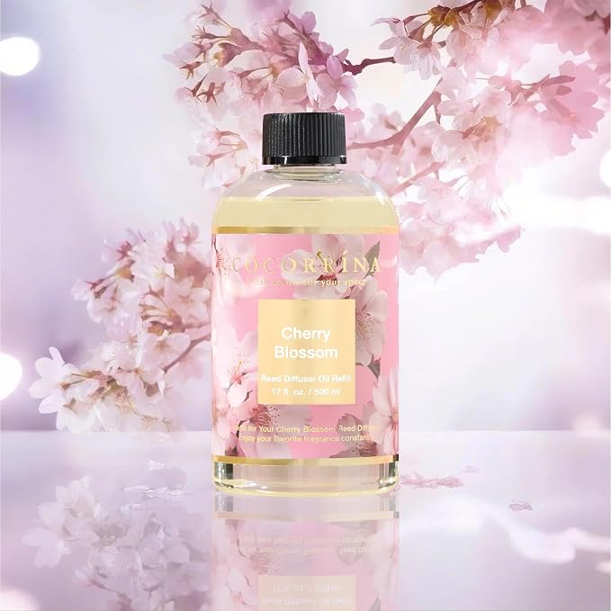 Reed Diffuser Refill Cherry Blossom 17oz (500ml) with 8 Sticks - Premium Long-Lasting Scented Oil, Home Fragrance for