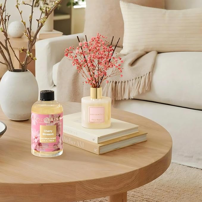 Reed Diffuser Refill Cherry Blossom 17oz (500ml) with 8 Sticks - Premium Long-Lasting Scented Oil, Home Fragrance for