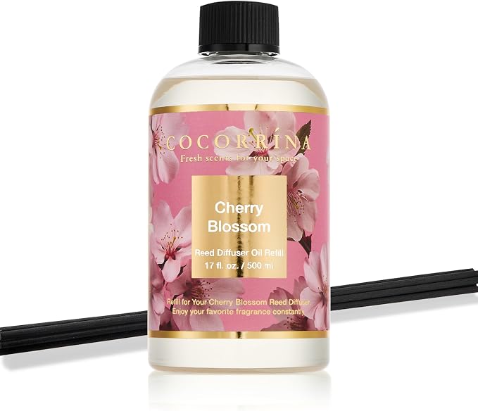Reed Diffuser Refill Cherry Blossom 17oz (500ml) with 8 Sticks - Premium Long-Lasting Scented Oil, Home Fragrance for