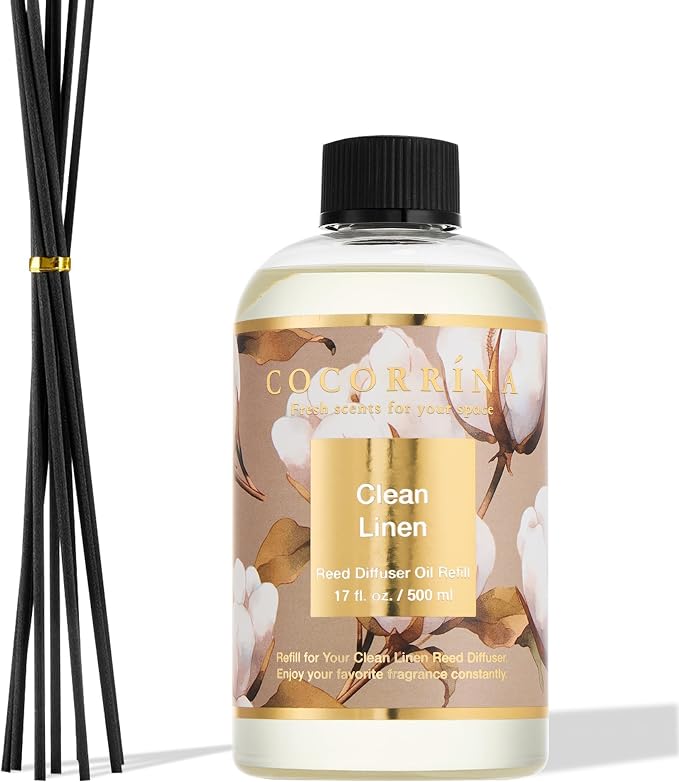 Reed Diffuser Refill Clean Linen 17oz (500ml) with 8 Rattan Sticks - Premium Long-Lasting Scented Oil, product image