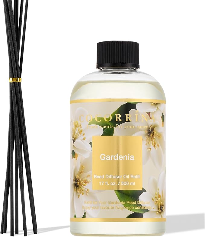 Reed Diffuser Refill Gardenia 17oz (500ml) with 8 Sticks - Premium Long-Lasting Scented Oil, Home Fragrance for Bedroom