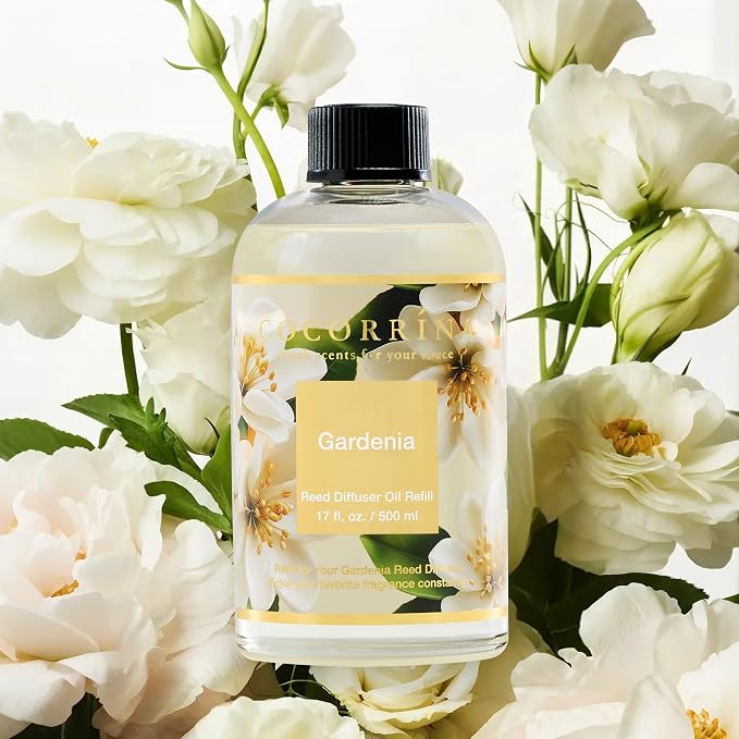 Reed Diffuser Refill Gardenia 17oz (500ml) with 8 Sticks - Premium Long-Lasting Scented Oil, Home Fragrance for Bedroom