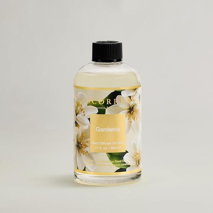 Reed Diffuser Refill Gardenia 17oz (500ml) with 8 Sticks - Premium Long-Lasting Scented Oil, Home Fragrance for Bedroom