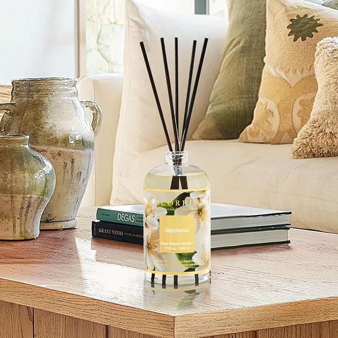 Reed Diffuser Refill Gardenia 17oz (500ml) with 8 Sticks - Premium Long-Lasting Scented Oil, Home Fragrance for Bedroom