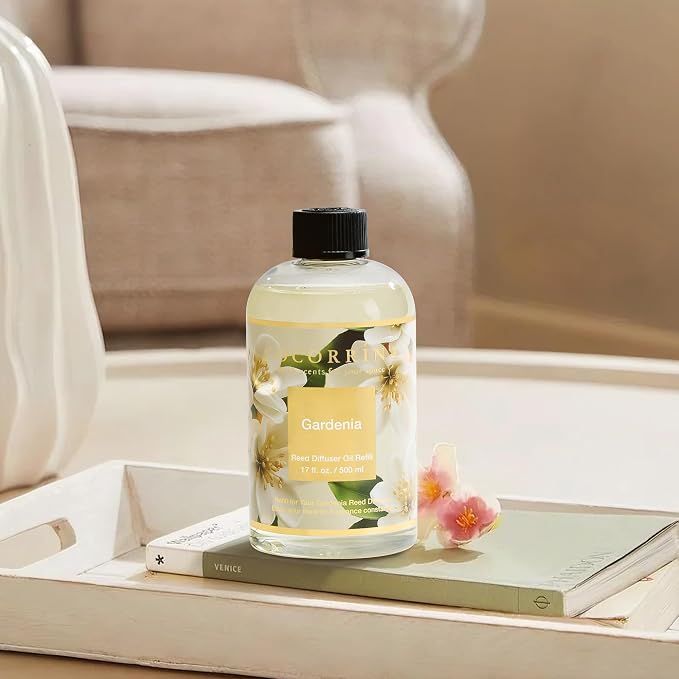Reed Diffuser Refill Gardenia 17oz (500ml) with 8 Sticks - Premium Long-Lasting Scented Oil, Home Fragrance for Bedroom
