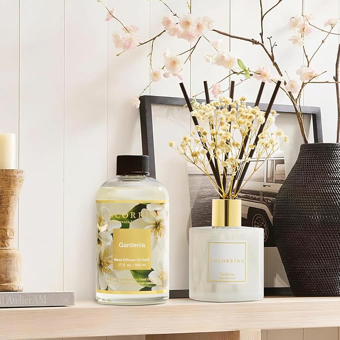 Reed Diffuser Refill Gardenia 17oz (500ml) with 8 Sticks - Premium Long-Lasting Scented Oil, Home Fragrance for Bedroom