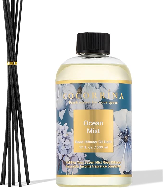 Reed Diffuser Refill Ocean Mist 17oz (500ml) with 8 Sticks - Premium Long-Lasting Scented Oil, Home Fragrance for Bedroom