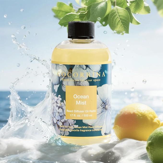 Reed Diffuser Refill Ocean Mist 17oz (500ml) with 8 Sticks - Premium Long-Lasting Scented Oil, Home Fragrance for Bedroom