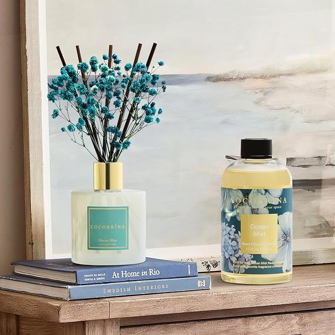 Reed Diffuser Refill Ocean Mist 17oz (500ml) with 8 Sticks - Premium Long-Lasting Scented Oil, Home Fragrance for Bedroom
