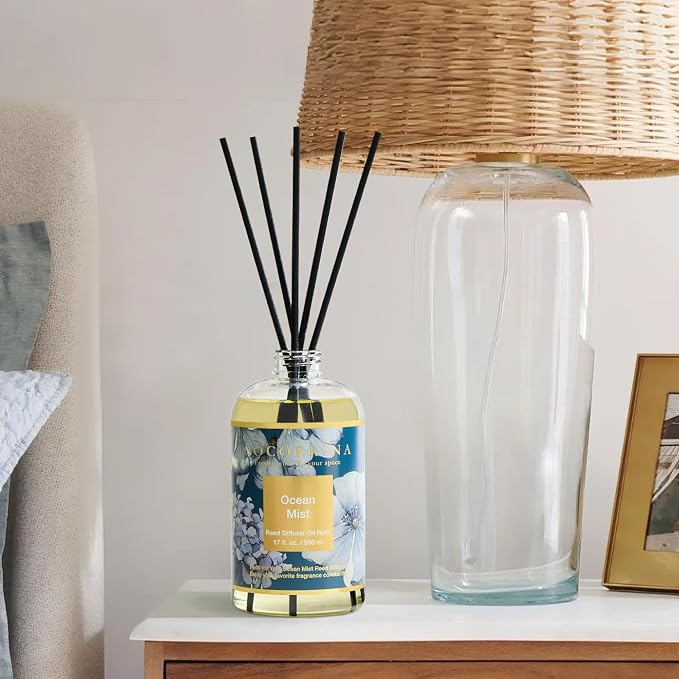 Reed Diffuser Refill Ocean Mist 17oz (500ml) with 8 Sticks - Premium Long-Lasting Scented Oil, Home Fragrance for Bedroom