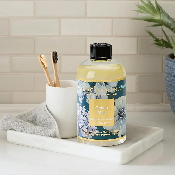 Reed Diffuser Refill Ocean Mist 17oz (500ml) with 8 Sticks - Premium Long-Lasting Scented Oil, Home Fragrance for Bedroom