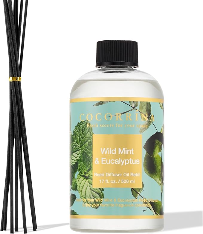 Reed Diffuser Refill Wild Mint & Eucalyptus 17oz (500ml) with 8 Sticks - Premium Long-Lasting Scented Oil, product image