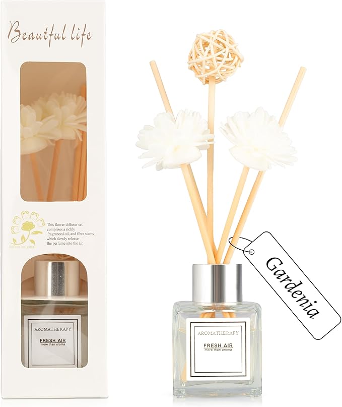 Reed Diffuser Set, 1.7 oz Scent Diffuser with Sticks, Gardenia Scent for Bathroom Accessories Shelf Decor, Air Fresheners for
