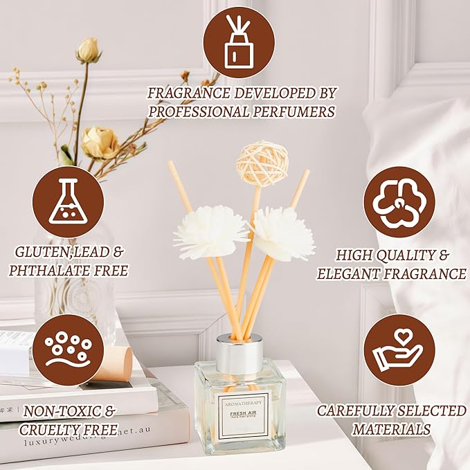 Reed Diffuser Set, 1.7 oz Scent Diffuser with Sticks, Gardenia Scent for Bathroom Accessories Shelf Decor, Air Fresheners for